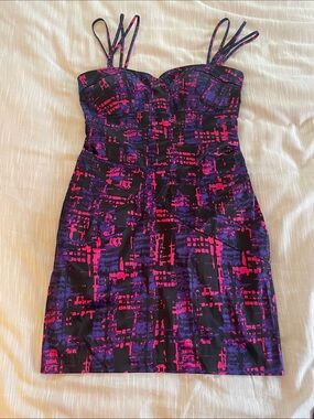 XOXO Strapless Sweetheart Bodycon Dress in Black with Pink & Purple Print